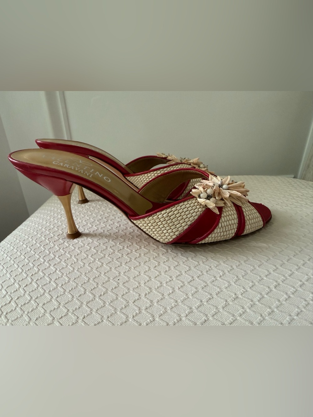 Valentino Garavani Women’s Raffia Floral Slide Mules Red & Beige Size 37 - Picture 4 of 9